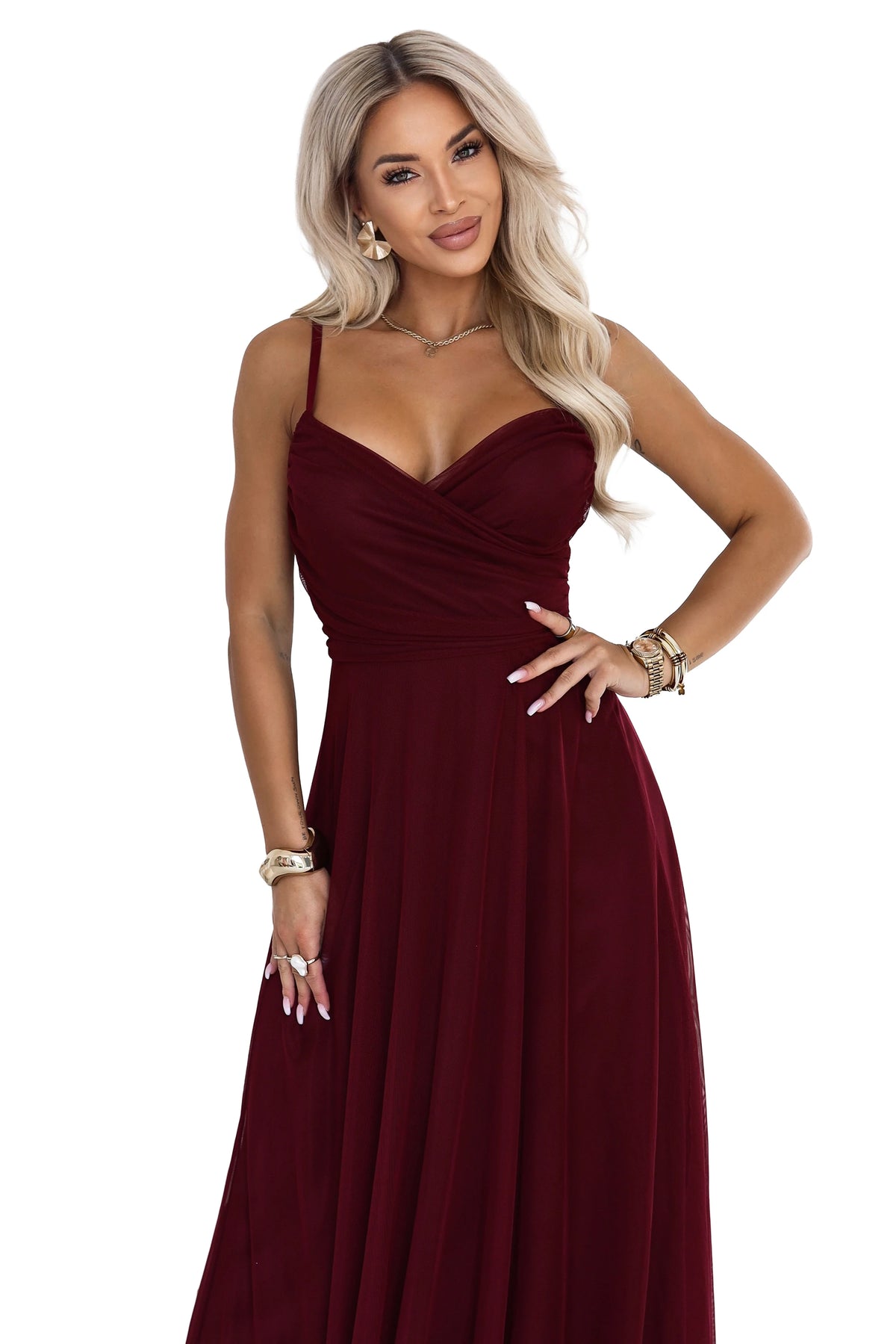 681-3 NILA Rochie maxi din tul pe bretele cu decolteu plic - bordo