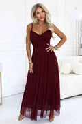 681-3 NILA Rochie maxi din tul pe bretele cu decolteu plic - bordo
