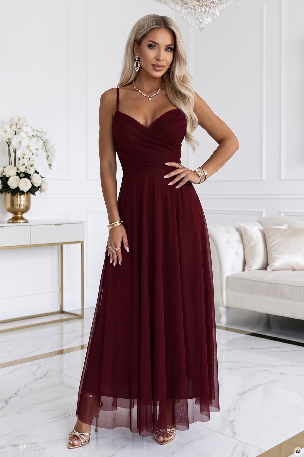 681-3 NILA Rochie maxi din tul pe bretele cu decolteu plic - bordo