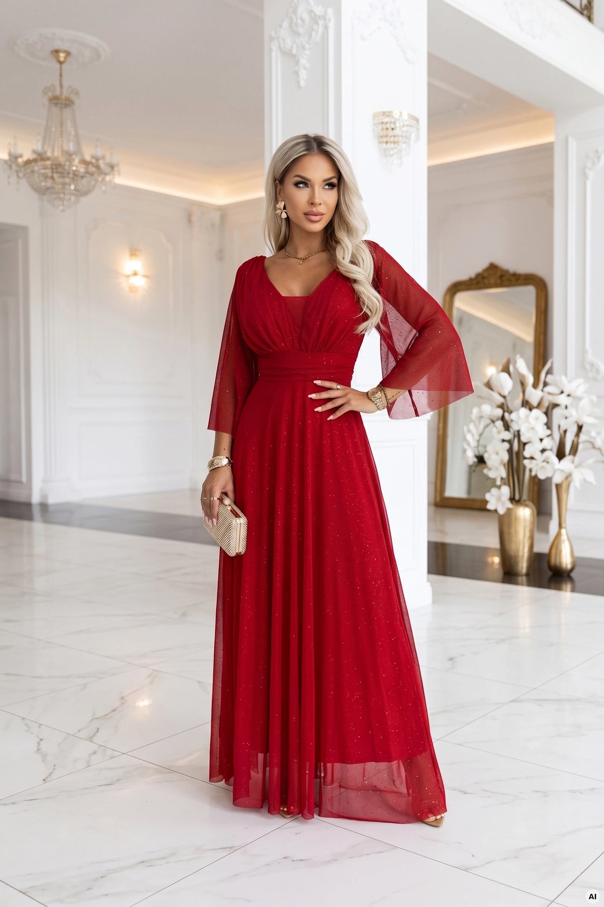 682-4 SOLENNE Rochie lungă strălucitoare cu decolteu și mânecă - bordo deschis