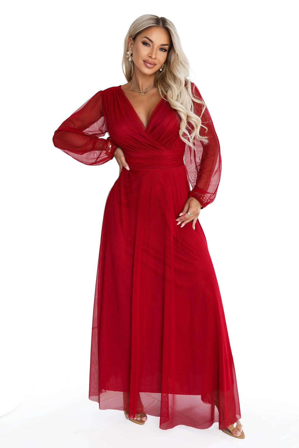 684-1 NERISSA Rochie maxi elegantă din tul, cu decolteu petrecut - bordo deschis