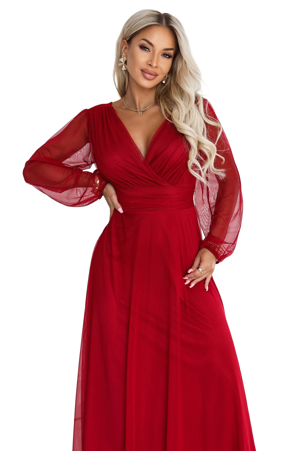 684-1 NERISSA Rochie maxi elegantă din tul, cu decolteu petrecut - bordo deschis