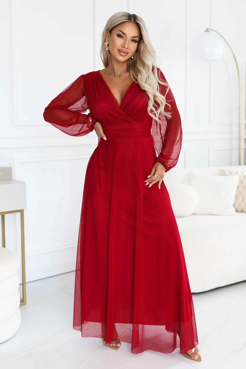 684-1 NERISSA Rochie maxi elegantă din tul, cu decolteu petrecut - bordo deschis