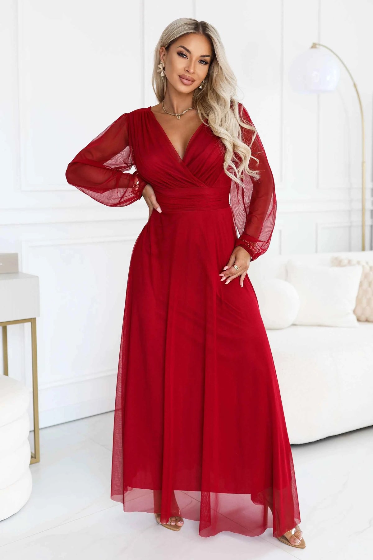 684-1 NERISSA Rochie maxi elegantă din tul, cu decolteu petrecut - bordo deschis