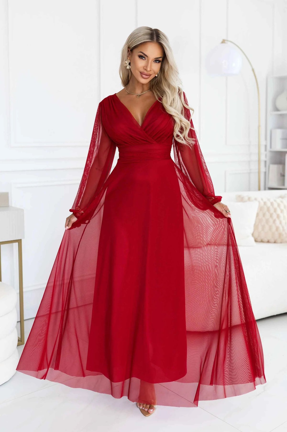 684-1 NERISSA Rochie maxi elegantă din tul, cu decolteu petrecut - bordo deschis