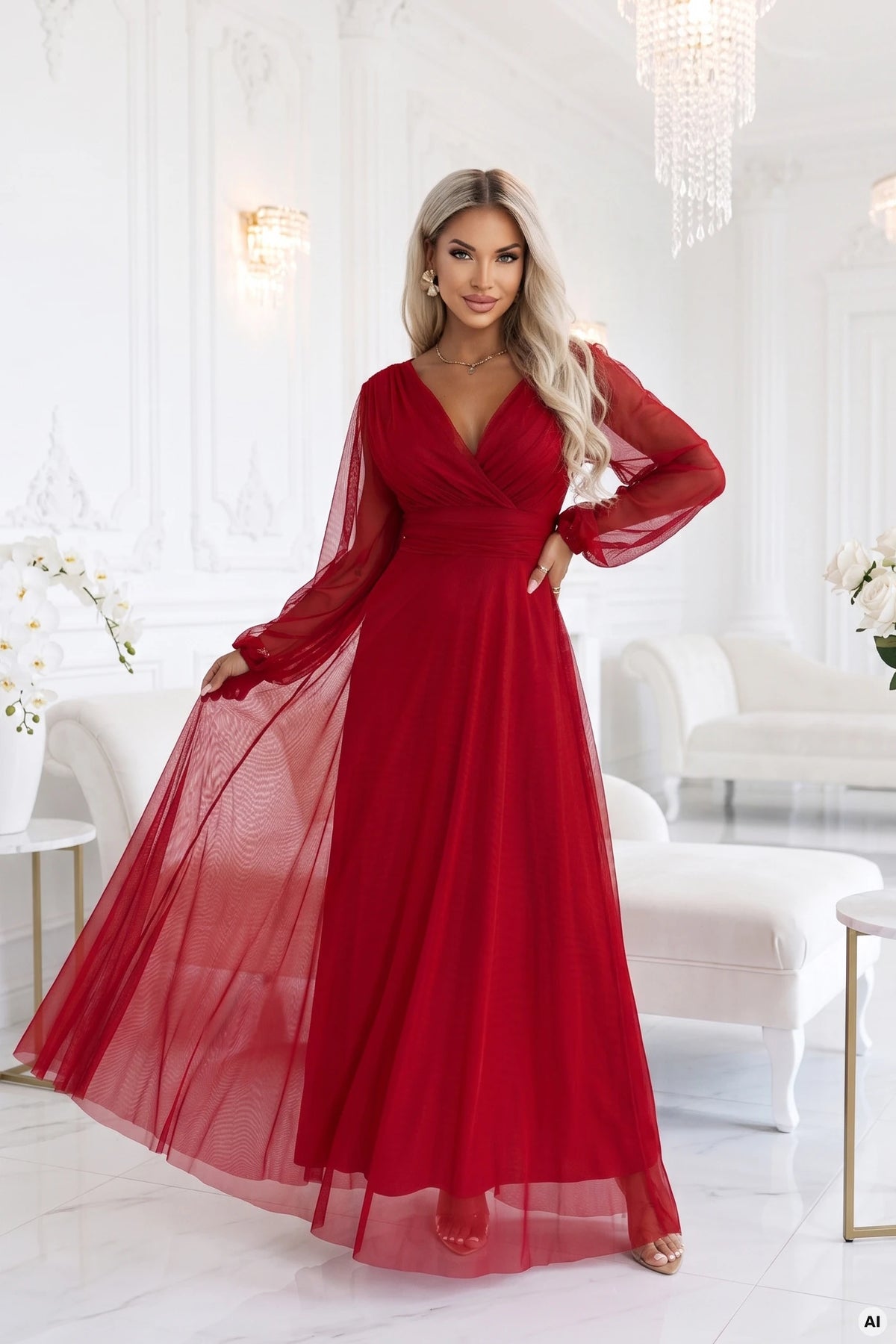 684-1 NERISSA Rochie maxi elegantă din tul, cu decolteu petrecut - bordo deschis