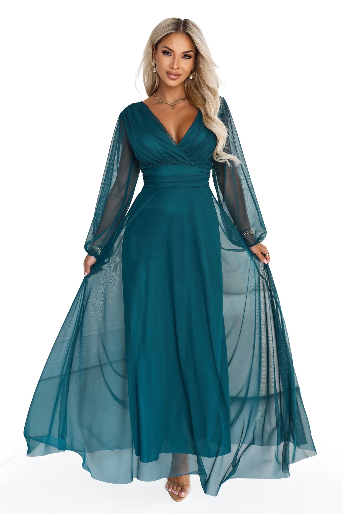 684-2 NERISSA Rochie maxi elegantă din tul, cu decolteu petrecut - verde mare