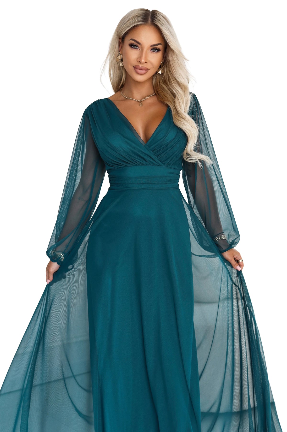 684-2 NERISSA Rochie maxi elegantă din tul, cu decolteu petrecut - verde mare