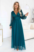 684-2 NERISSA Rochie maxi elegantă din tul, cu decolteu petrecut - verde mare