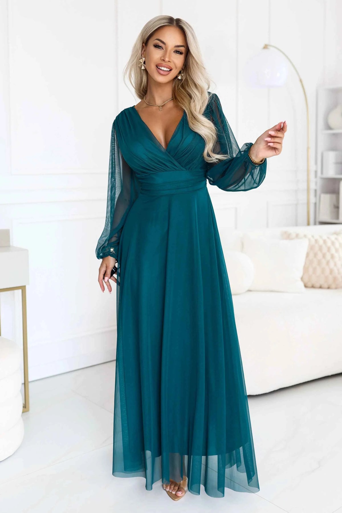 684-2 NERISSA Rochie maxi elegantă din tul, cu decolteu petrecut - verde mare