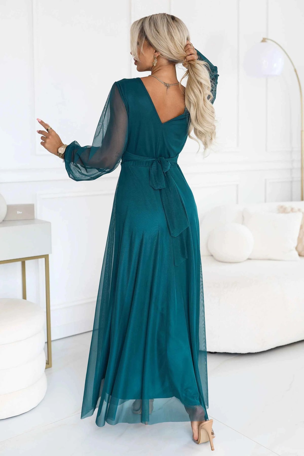 684-2 NERISSA Rochie maxi elegantă din tul, cu decolteu petrecut - verde mare