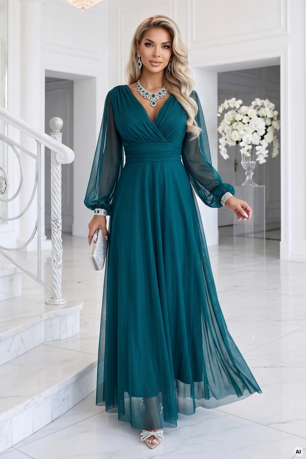 684-2 NERISSA Rochie maxi elegantă din tul, cu decolteu petrecut - verde mare