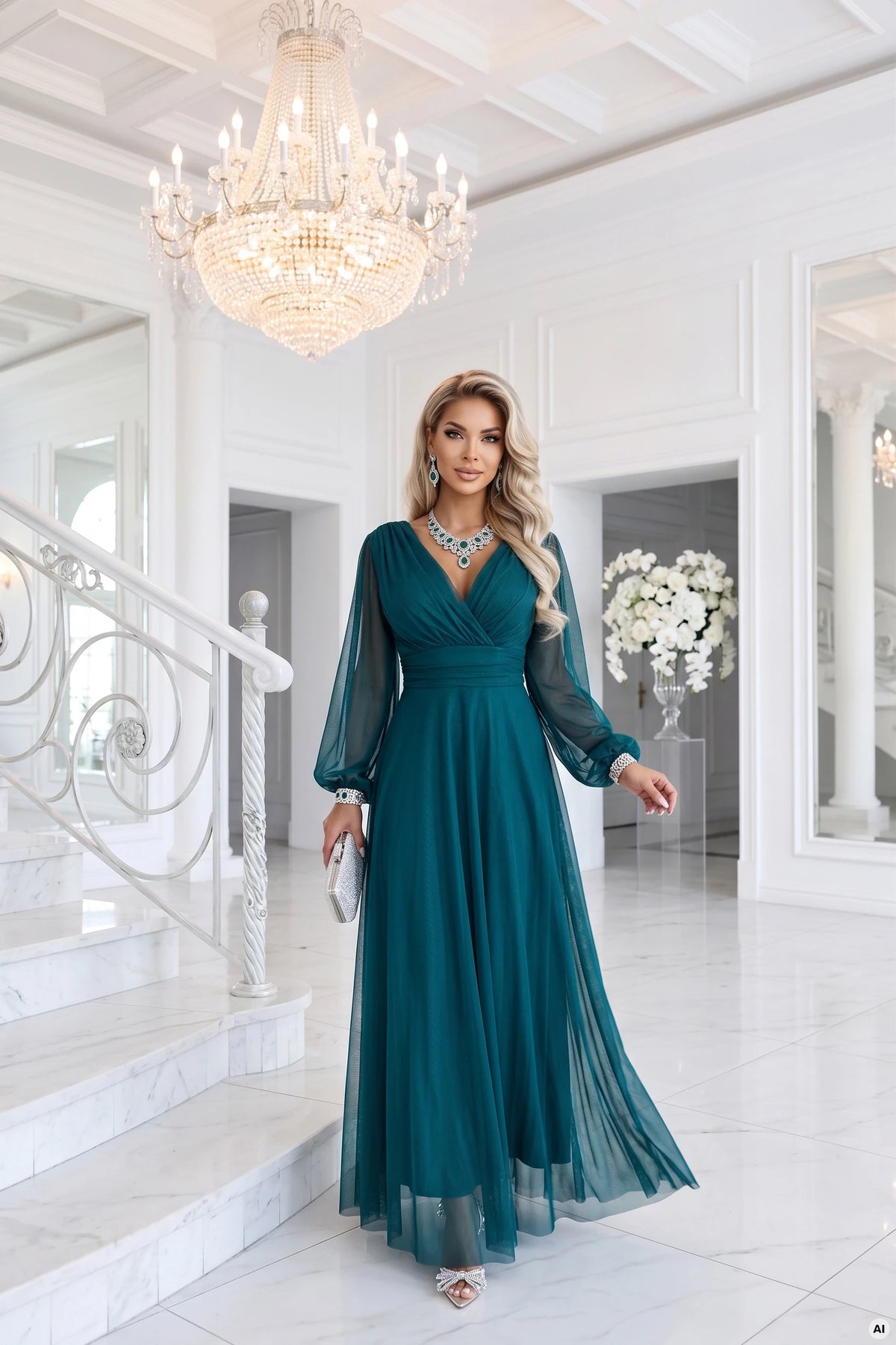 684-2 NERISSA Rochie maxi elegantă din tul, cu decolteu petrecut - verde mare