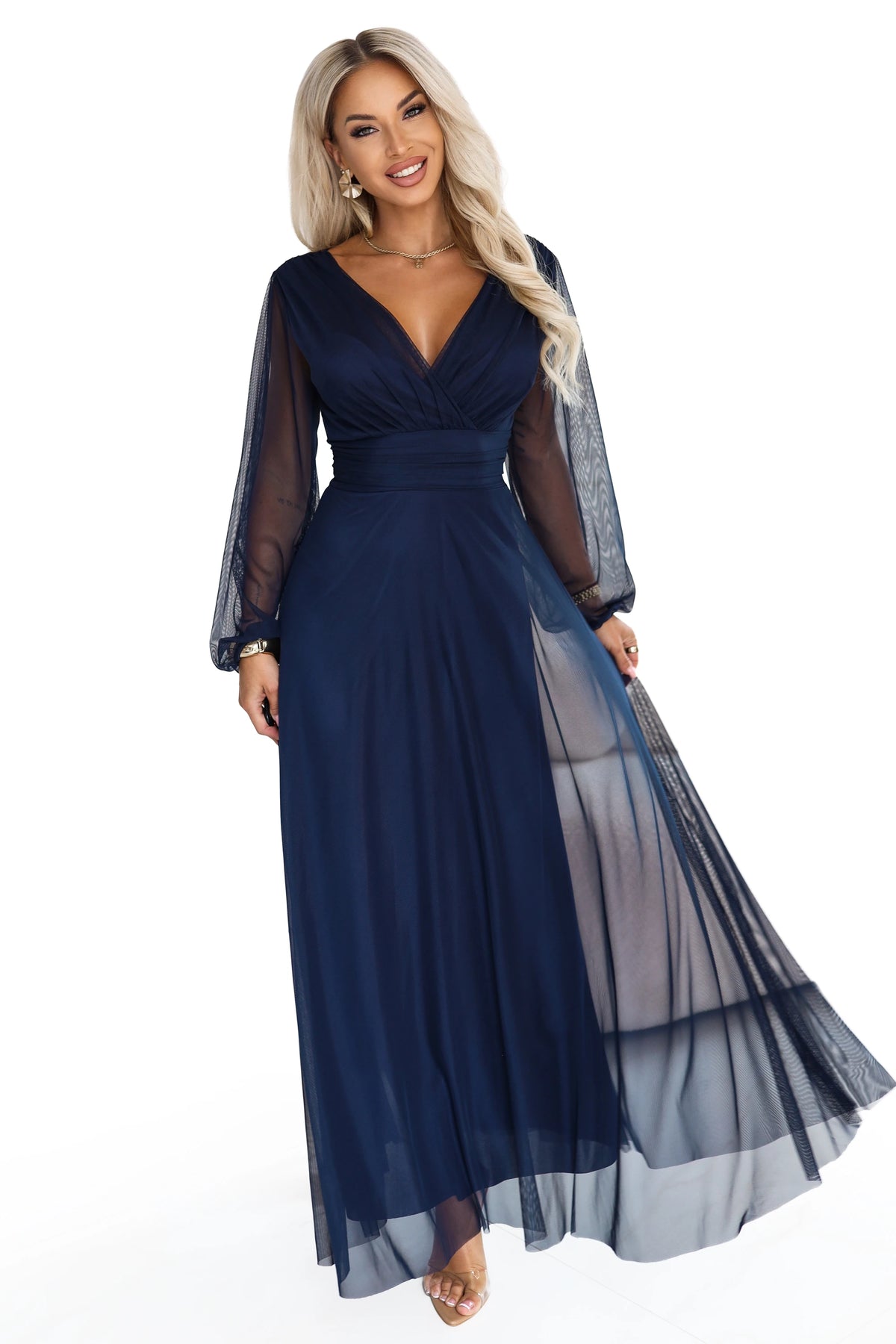 684-3 NERISSA Rochie maxi elegantă din tul, cu decolteu petrecut - bleumarin