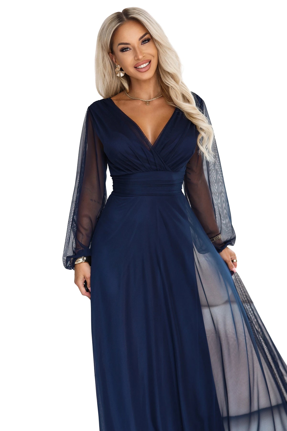 684-3 NERISSA Rochie maxi elegantă din tul, cu decolteu petrecut - bleumarin