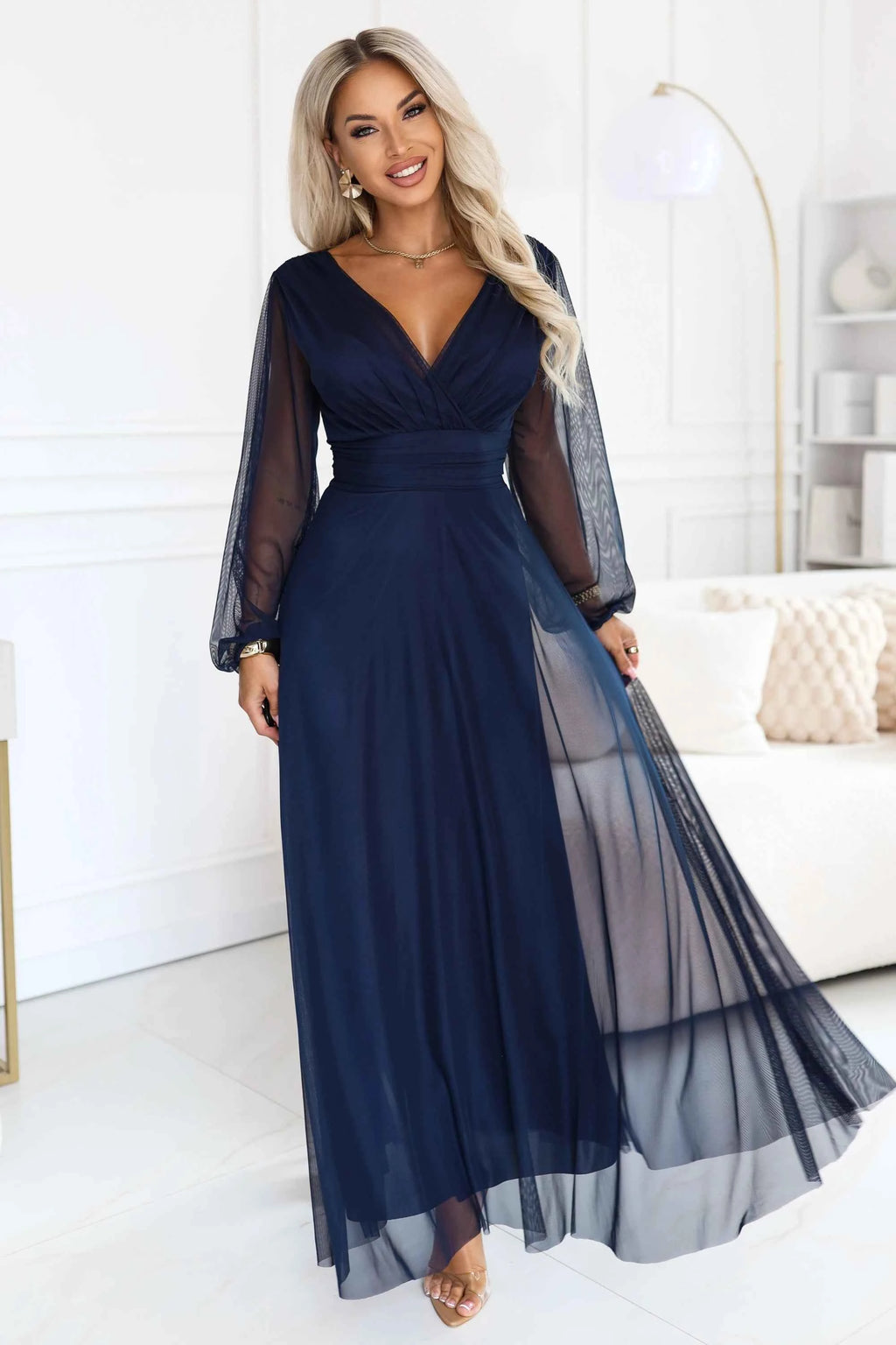684-3 NERISSA Rochie maxi elegantă din tul, cu decolteu petrecut - bleumarin