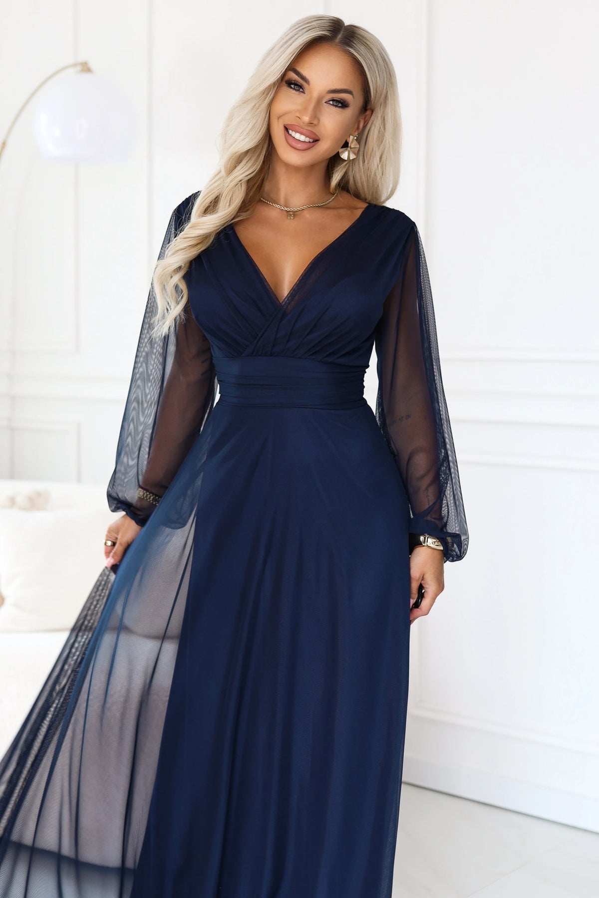 684-3 NERISSA Rochie maxi elegantă din tul, cu decolteu petrecut - bleumarin