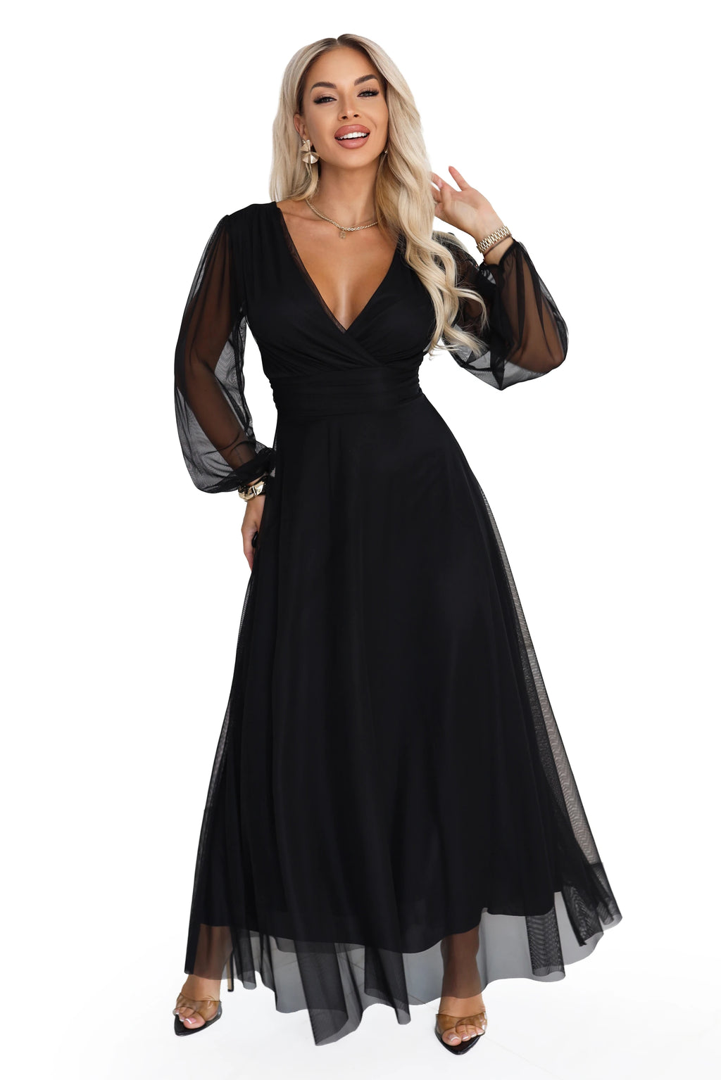 684-4 NERISSA Rochie maxi elegantă din tul, cu decolteu petrecut - negru
