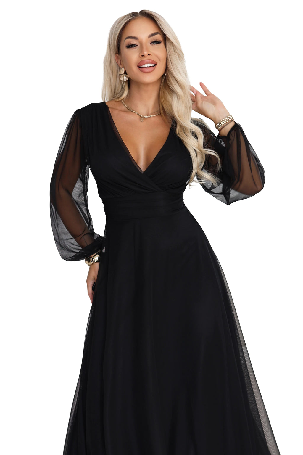 684-4 NERISSA Rochie maxi elegantă din tul, cu decolteu petrecut - negru