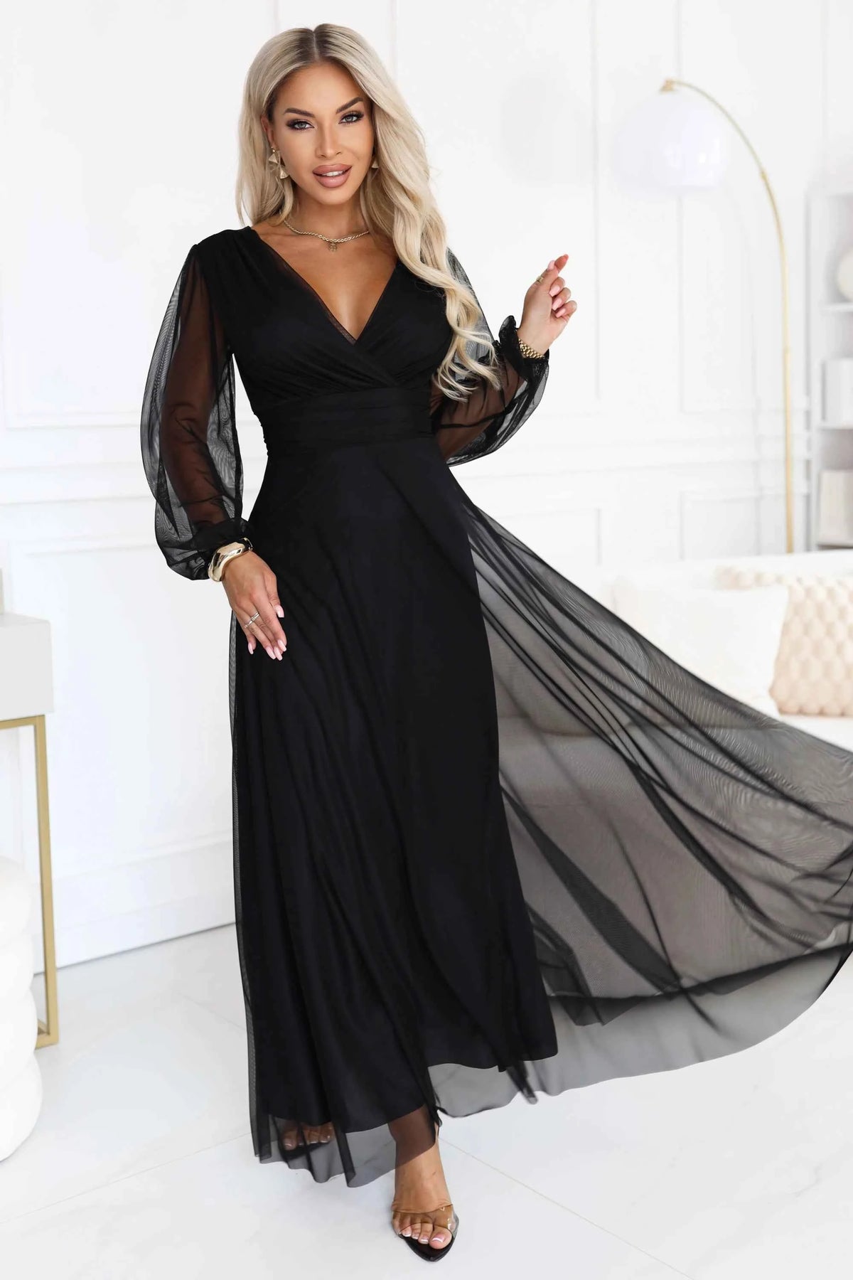 684-4 NERISSA Rochie maxi elegantă din tul, cu decolteu petrecut - negru