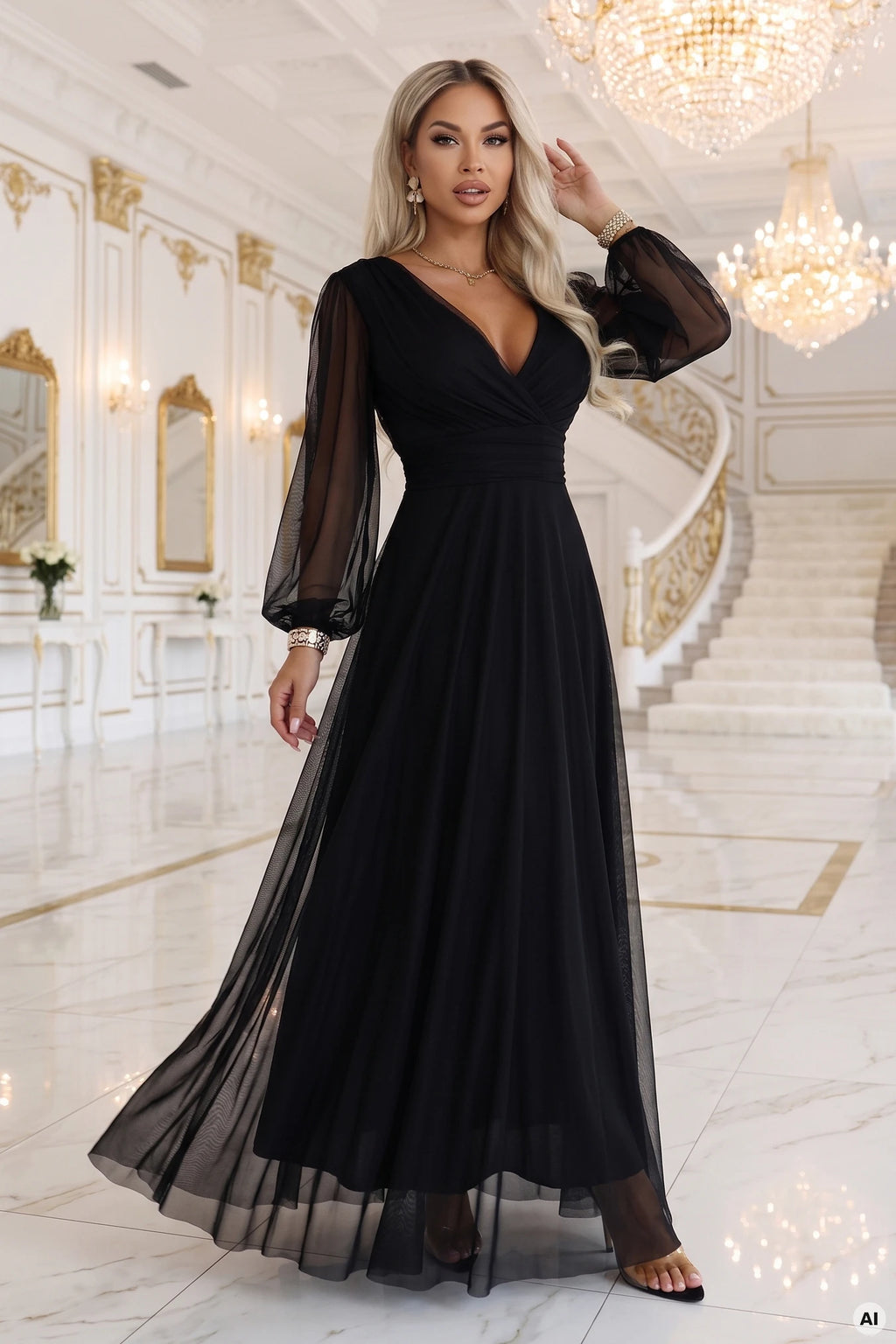 684-4 NERISSA Rochie maxi elegantă din tul, cu decolteu petrecut - negru