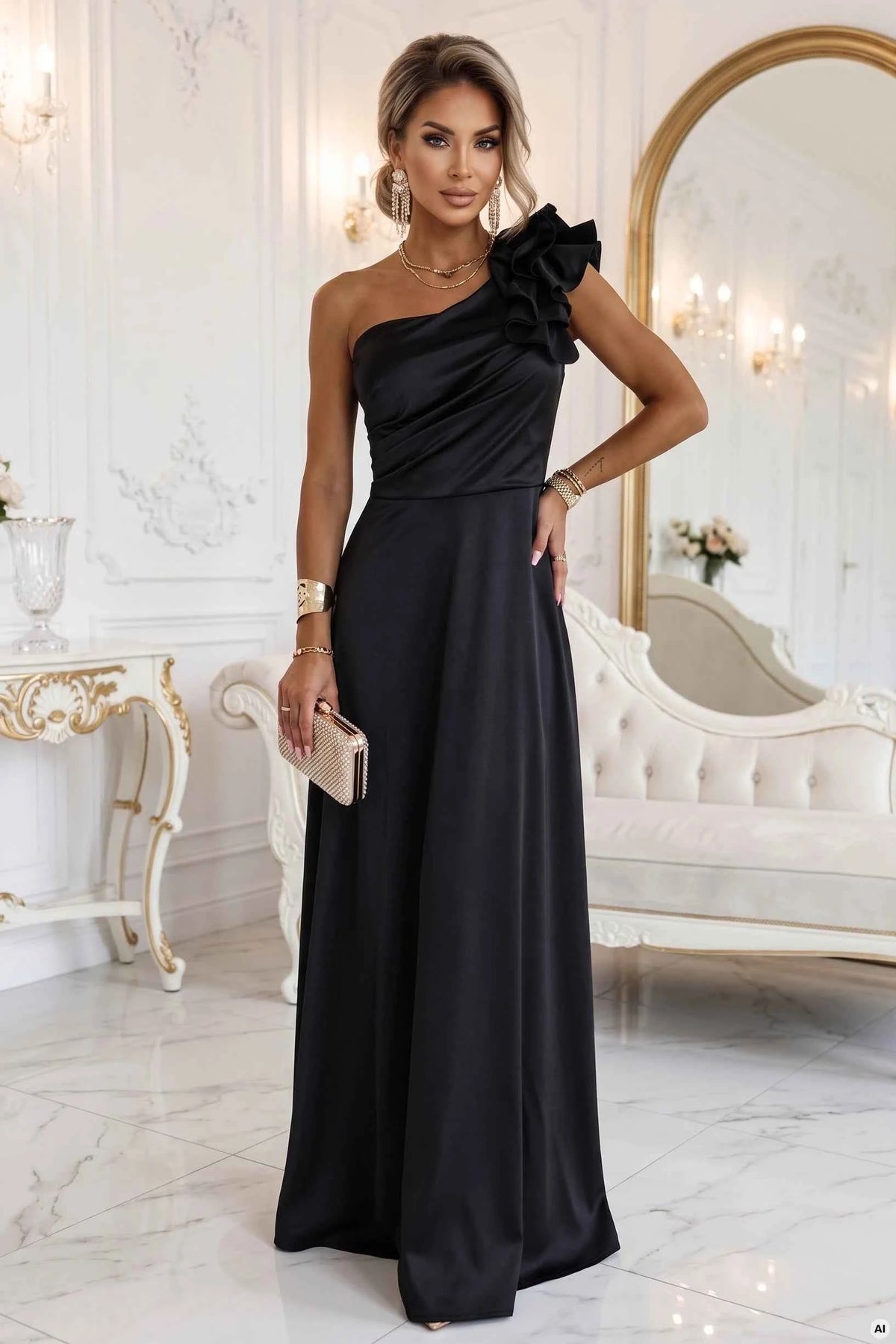 685-1 Rochie de seară maxi din satin, cu un umăr gol, cu volănaș decorativ - negru