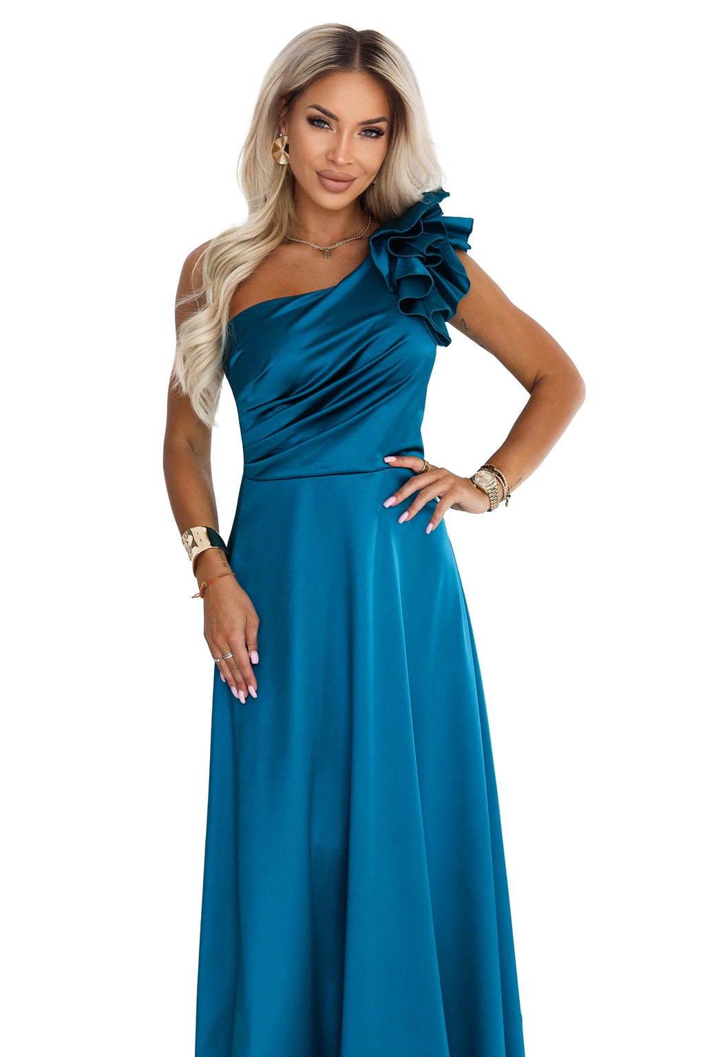 685-2 Rochie de seară maxi din satin, cu un umăr gol, cu volănaș decorativ - verde mare