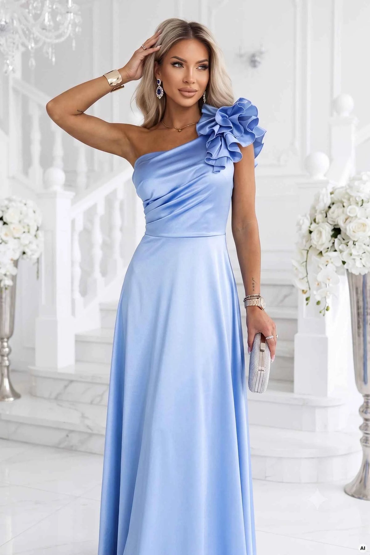 685-3 Rochie de seară maxi din satin, cu un umăr gol, cu volănaș decorativ - albastru deschis