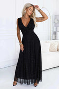 686-3 MIRELLA Rochie de seară lungă din tul cu sclipici și decolteu V - negru