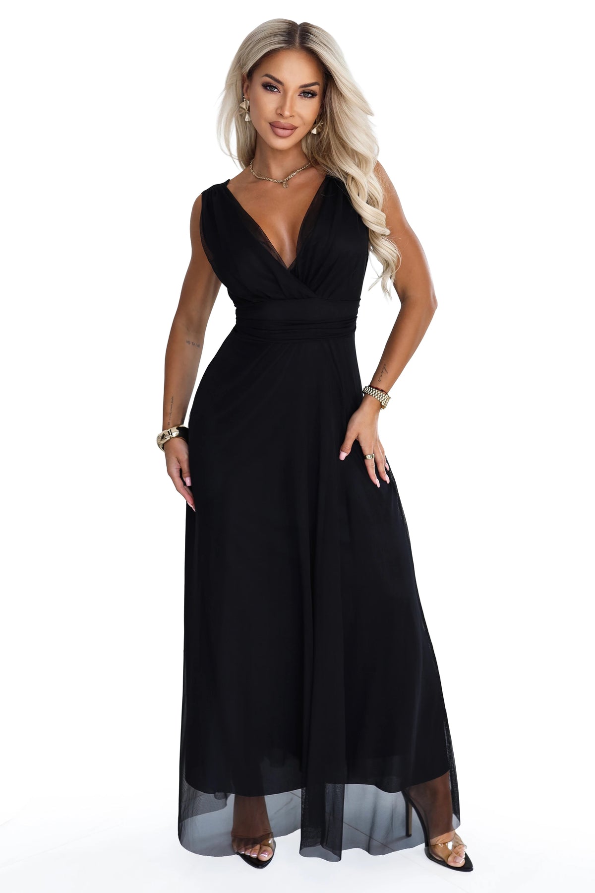 687-1 Rochie maxi elegantă cu decolteu petrecut și spatele gol - negru