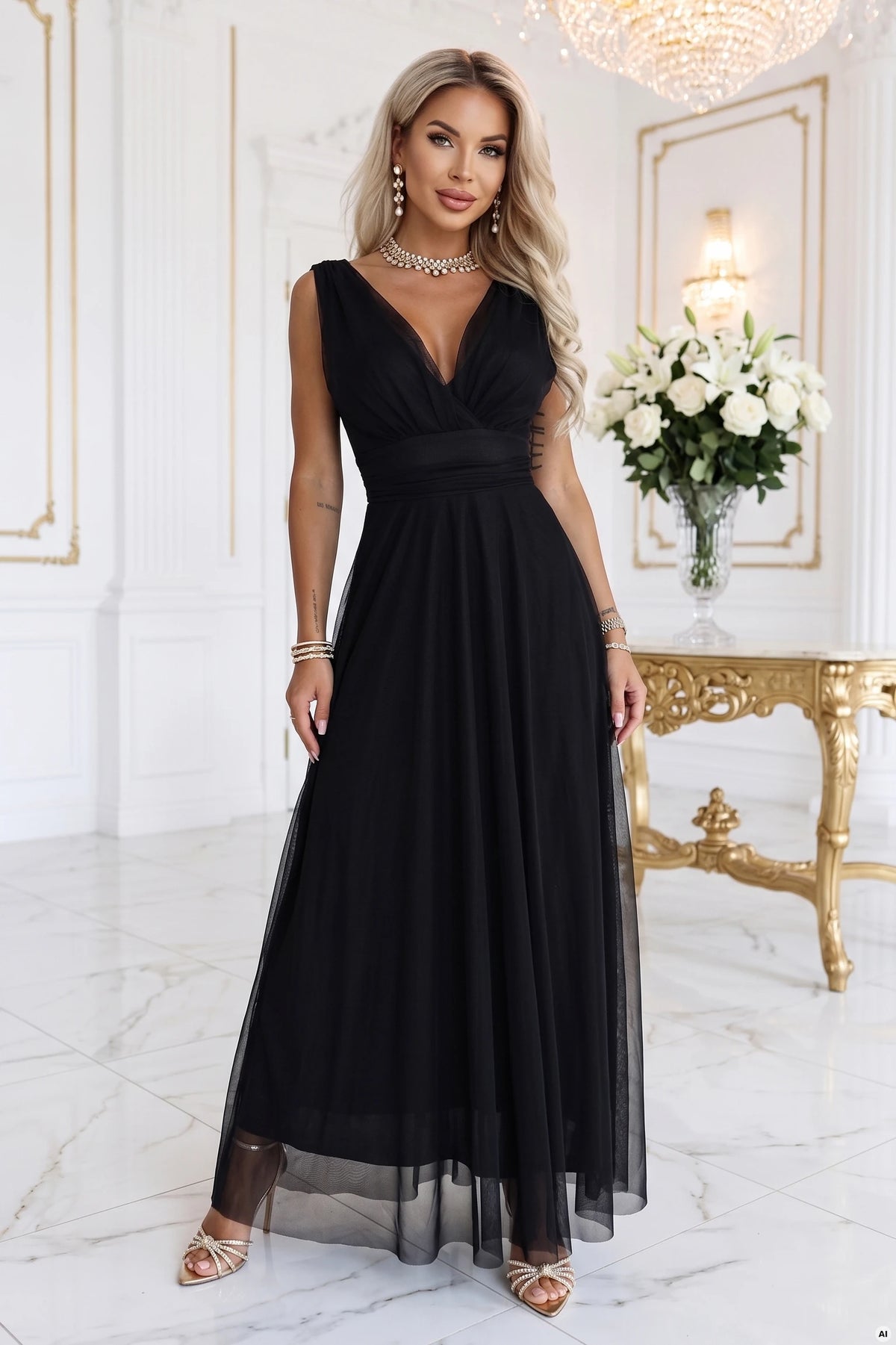 687-1 Rochie maxi elegantă cu decolteu petrecut și spatele gol - negru