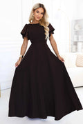 694-2 MIRELLA Rochie maxi elegantă, evazată, cu mâneci cu paiete - maro ciocolatiu