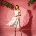 Rochie alba midi din in pe umeri cu insertie din dantela Mimi