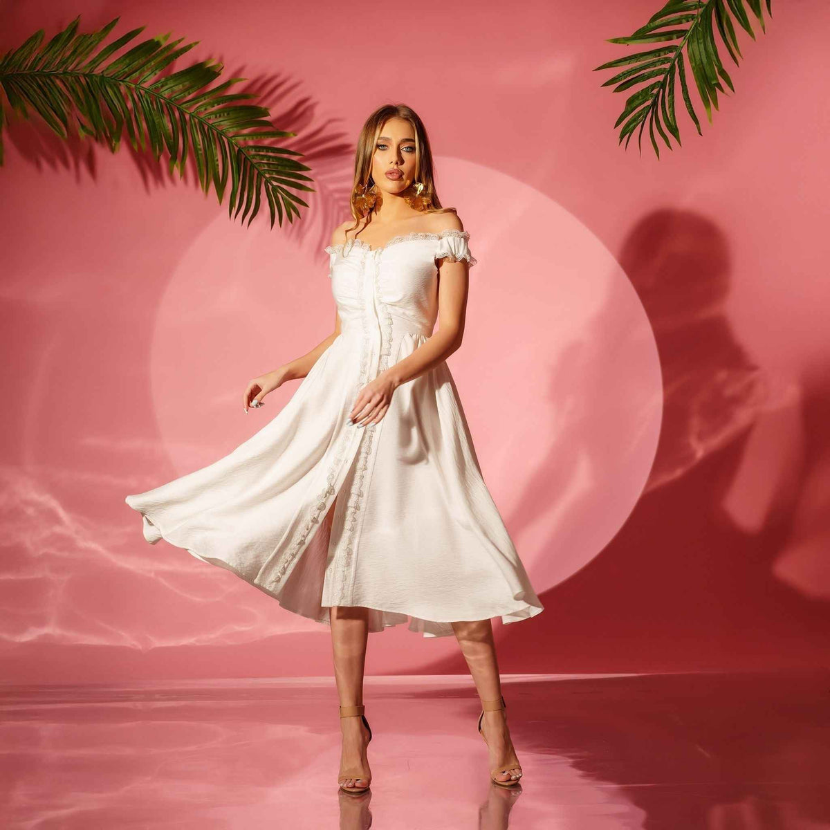 Rochie alba midi din in pe umeri cu insertie din dantela Mimi