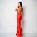 Rochie lunga din lycra rosie cu decolteu halter spatele gol si drapaje Seraphine