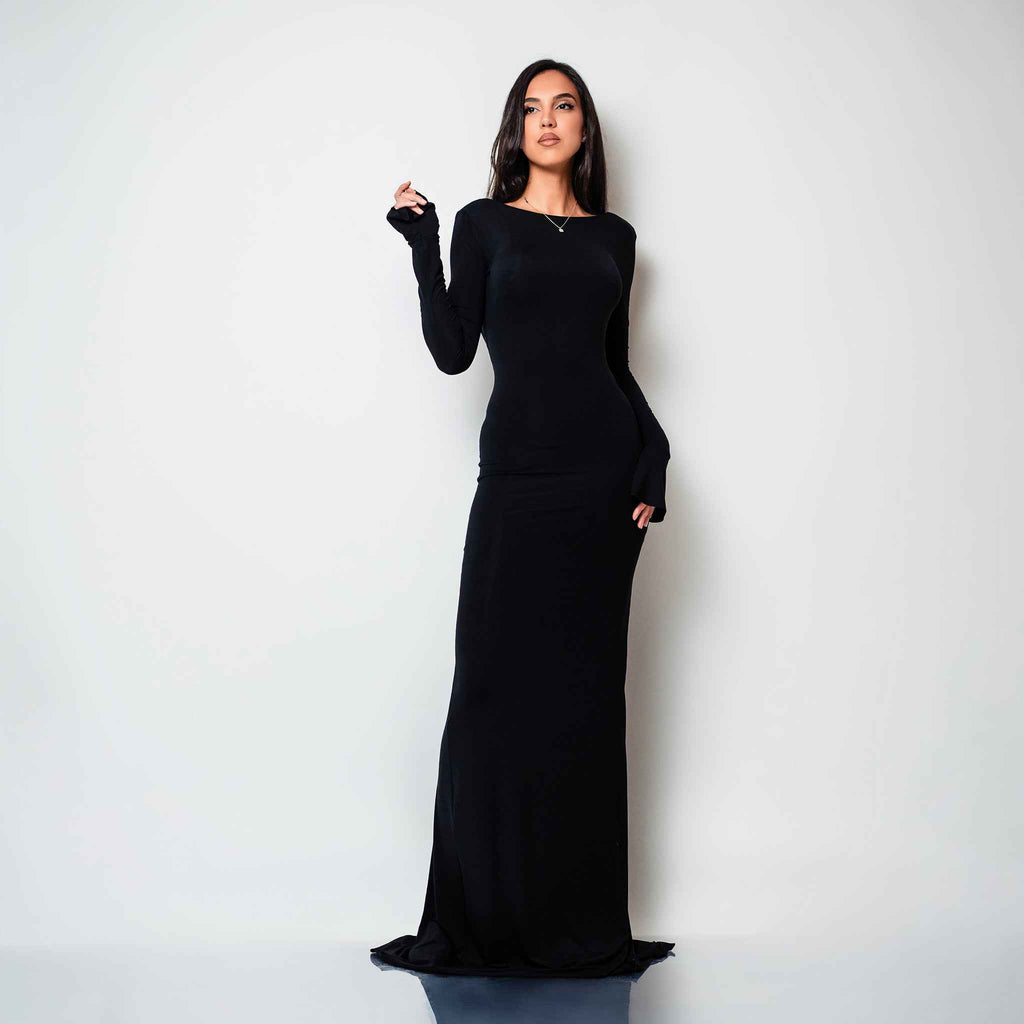 Rochie lunga neagra din bumbac de cocktail cu spatele gol si drapaje Luna
