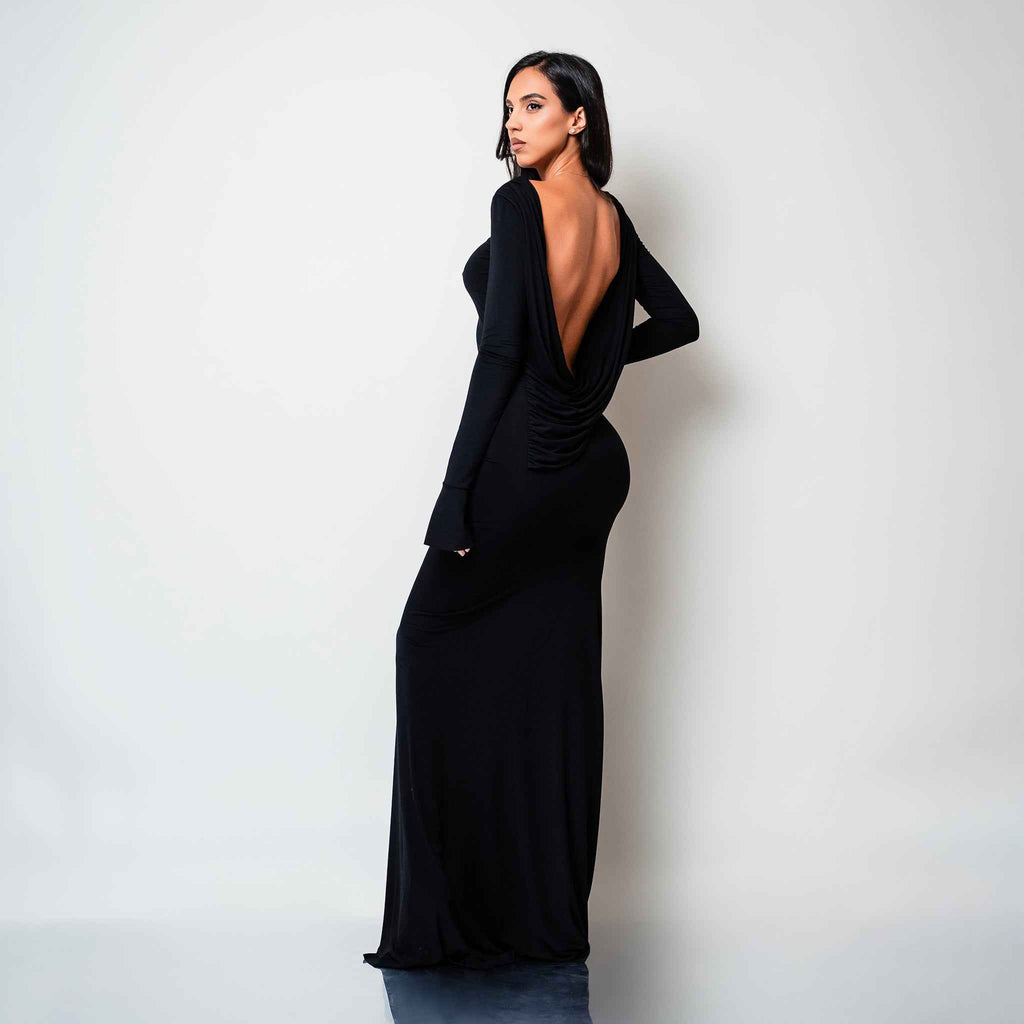 Rochie lunga neagra din bumbac de cocktail cu spatele gol si drapaje Luna