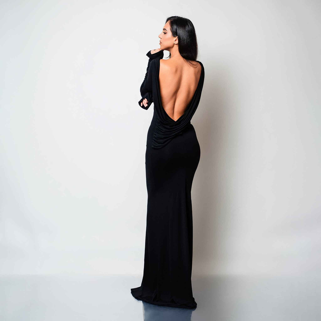 Rochie lunga neagra din bumbac de cocktail cu spatele gol si drapaje Luna