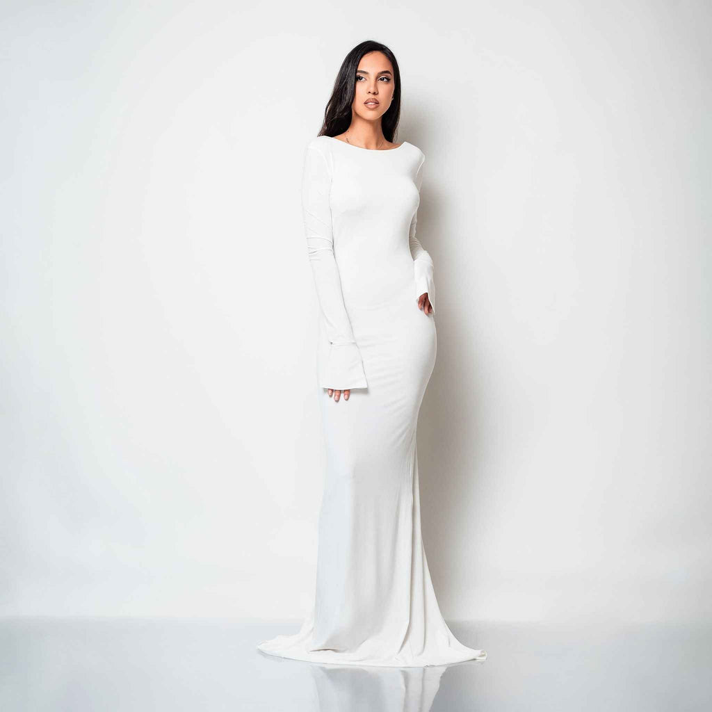 Rochie lunga alba din bumbac de cocktail cu spatele gol si drapaje Luna