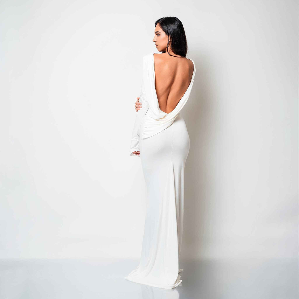 Rochie lunga neagra din bumbac de cocktail cu spatele gol si drapaje Luna