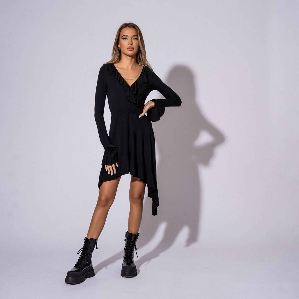 Rochie neagra asimetrica cu volane si maneca lunga Glow