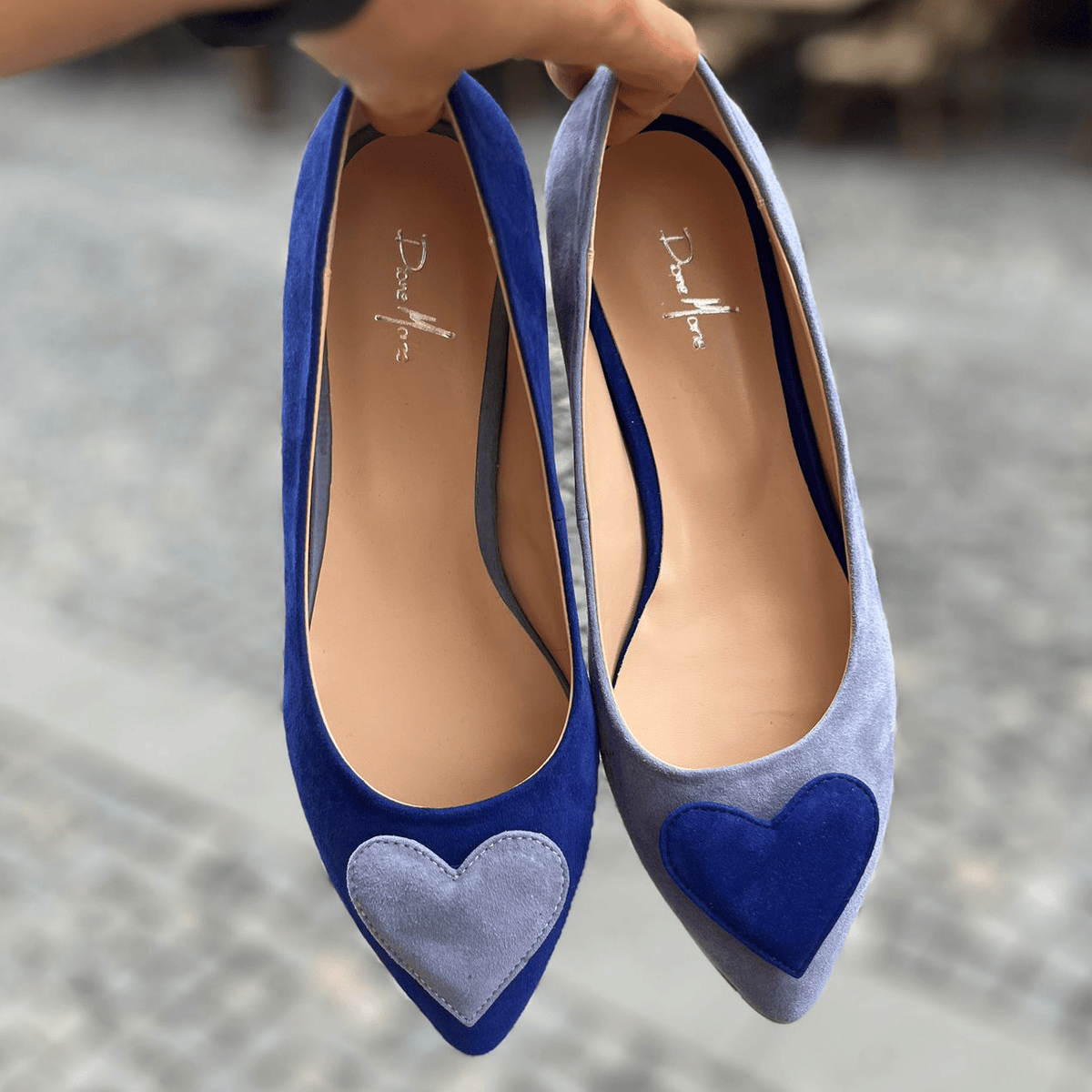 Balerini asimetrici din piele intoarsa bleu cu albastru Freya