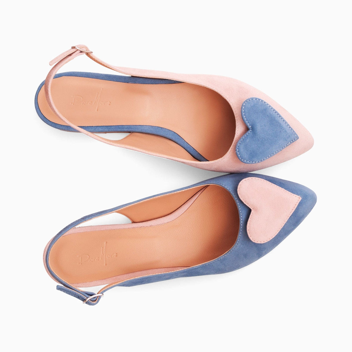 Balerini asimetrici din piele intoarsa bleu cu roz Phoenix