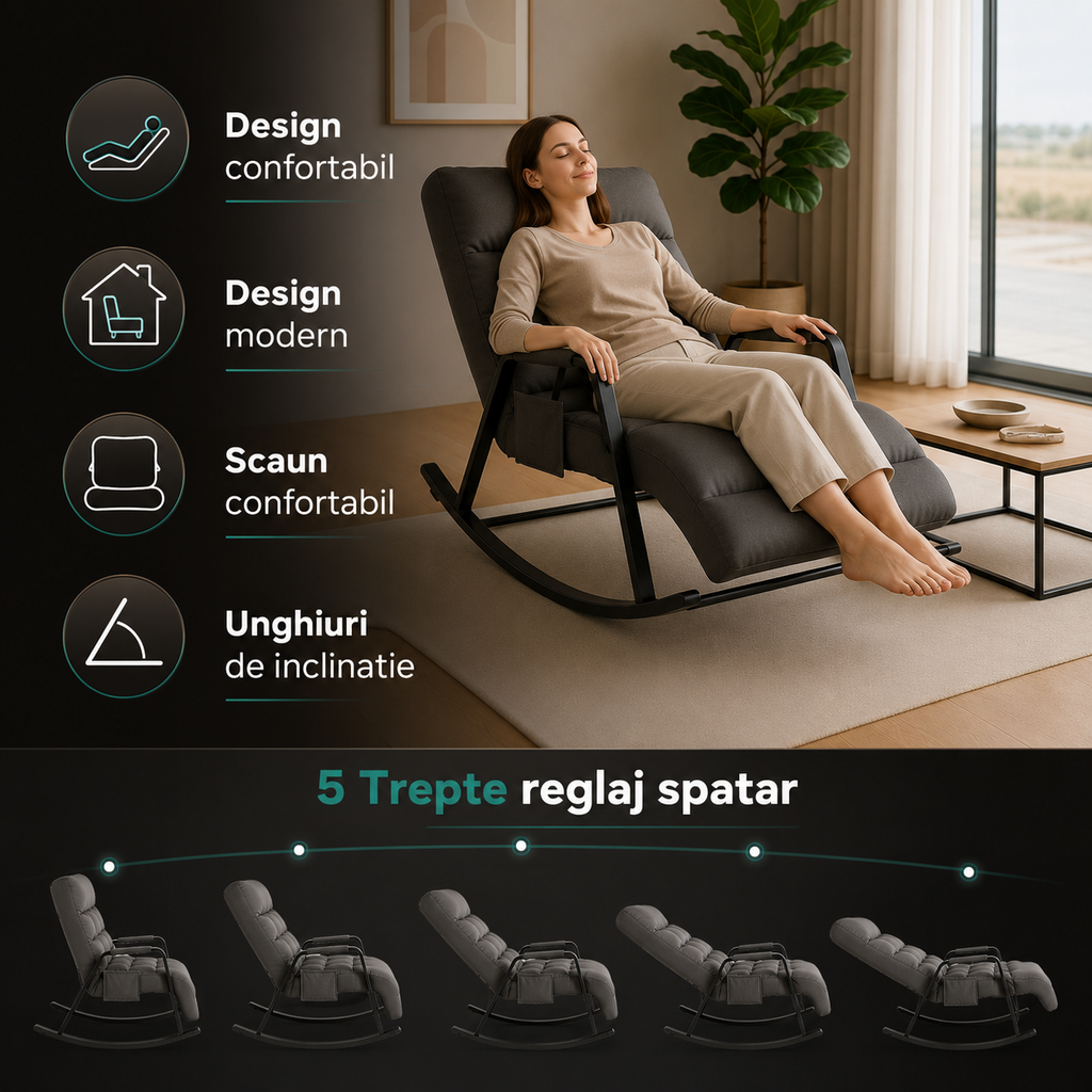 Scaun Balansoar Reglabil Timebox, Buzunar Lateral, Gri