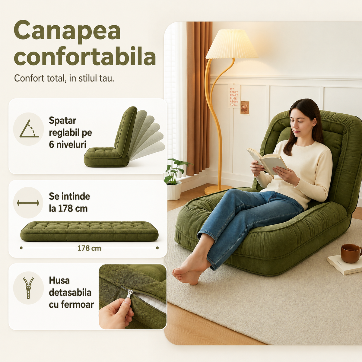 Canapea pliabila de podea 178 cm, Pliabil, Perna moale, Husa, Versatil, Verde