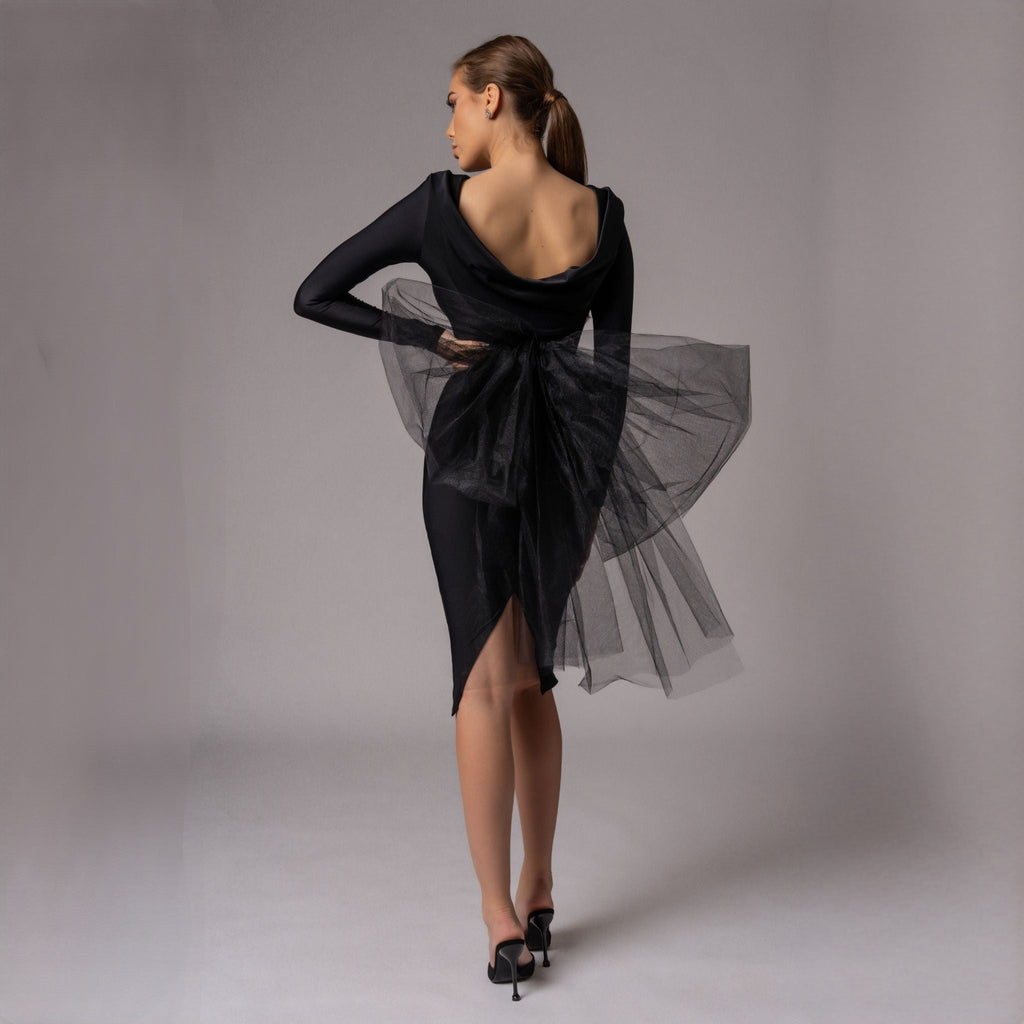 Rochie neagra midi cu funda supradimensionata din tulle Celine