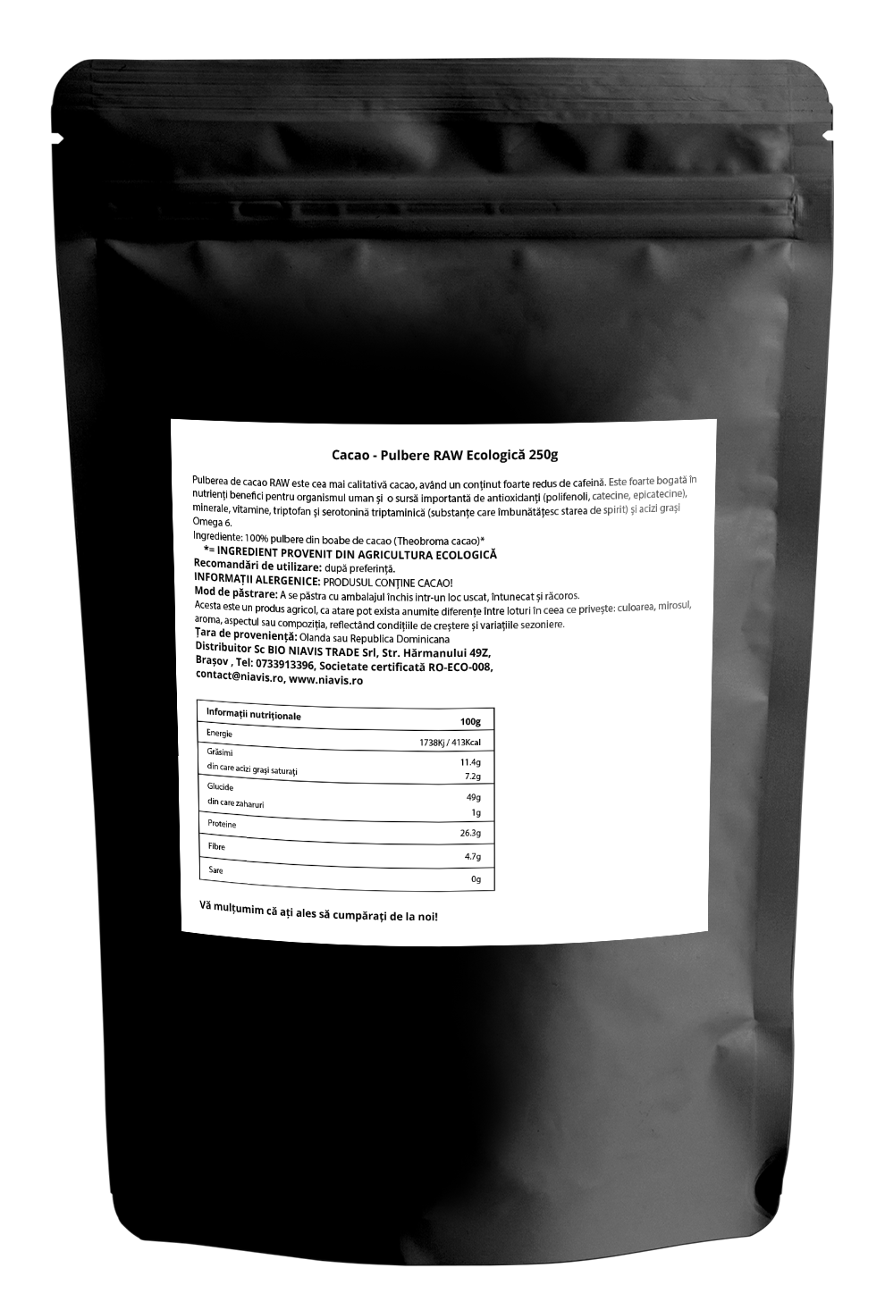 Cacao Pulbere RAW Ecologica/Bio 250g