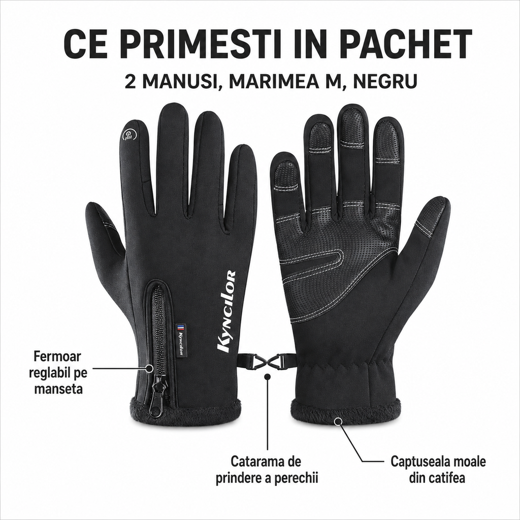 Manusi sport iarna, toamna, aderenta pentru ski, ciclism, Negru - M