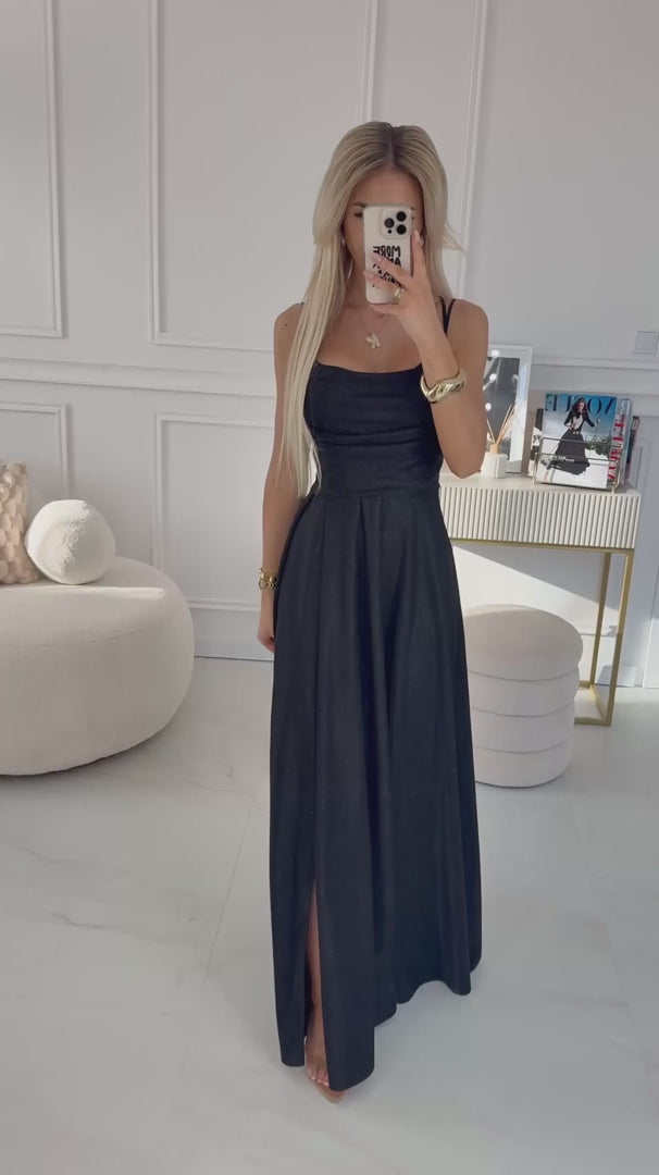 589-1 Rochie lungă cu strălucire subtilă și șireturi tip corset la spate - neagră cu sclipici