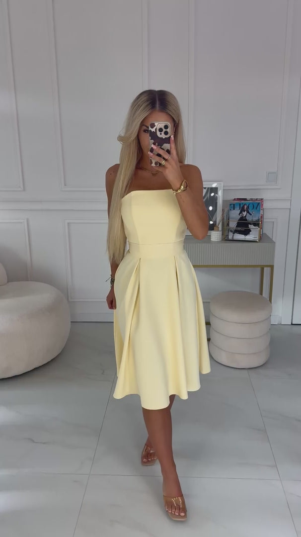 641-3 VIVIENNE Rochie midi în cloș cu corset și curea - galben pastel